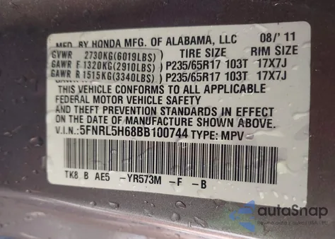 2011 Honda Odyssey Ex-L из США, поврежденный, VIN 5FNRL5H68BB100744